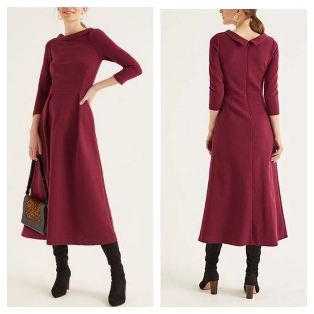 Boden Violet Ottoman Dress Ruby Ring Midi Length Fit & Flare Stand Collar sz 10
